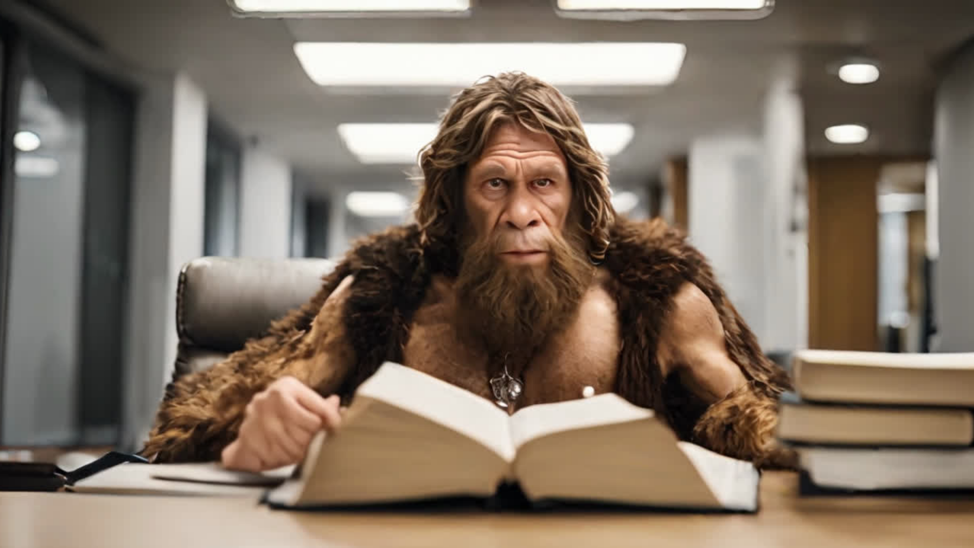 Neandertálec číta knihu - prechod k Modernému firemnému vzdelávaniu EduMAX